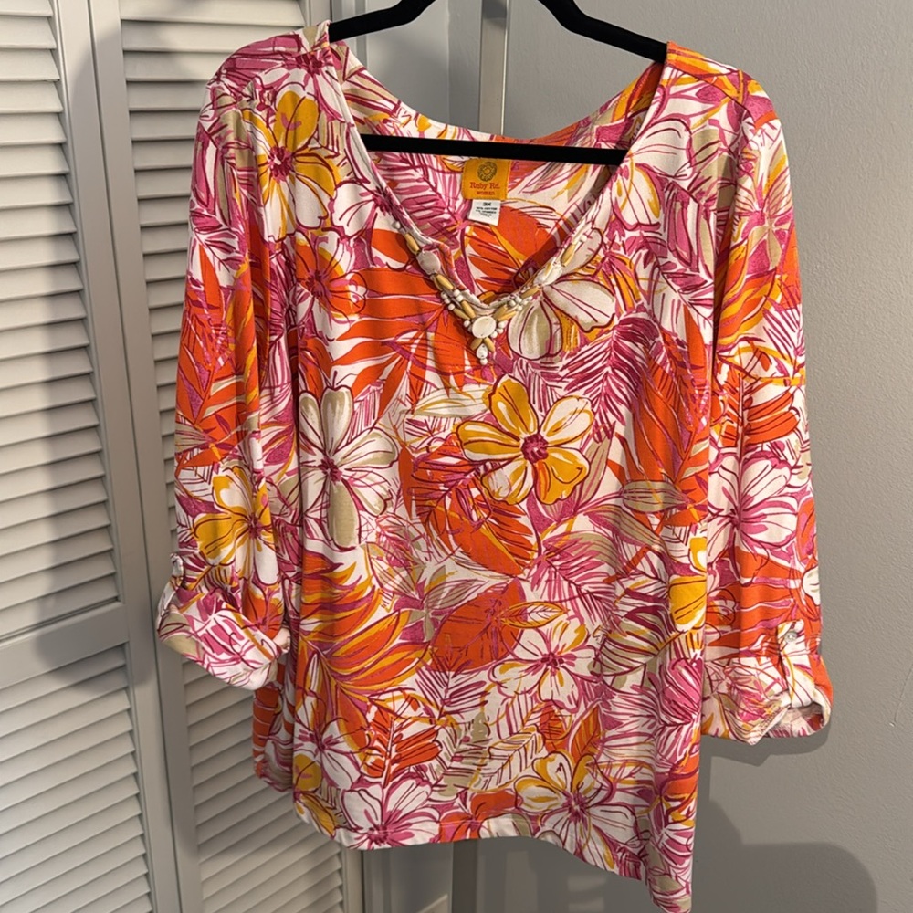 Ruby Rd 3/4 Sleeve Embellished Neckline Top